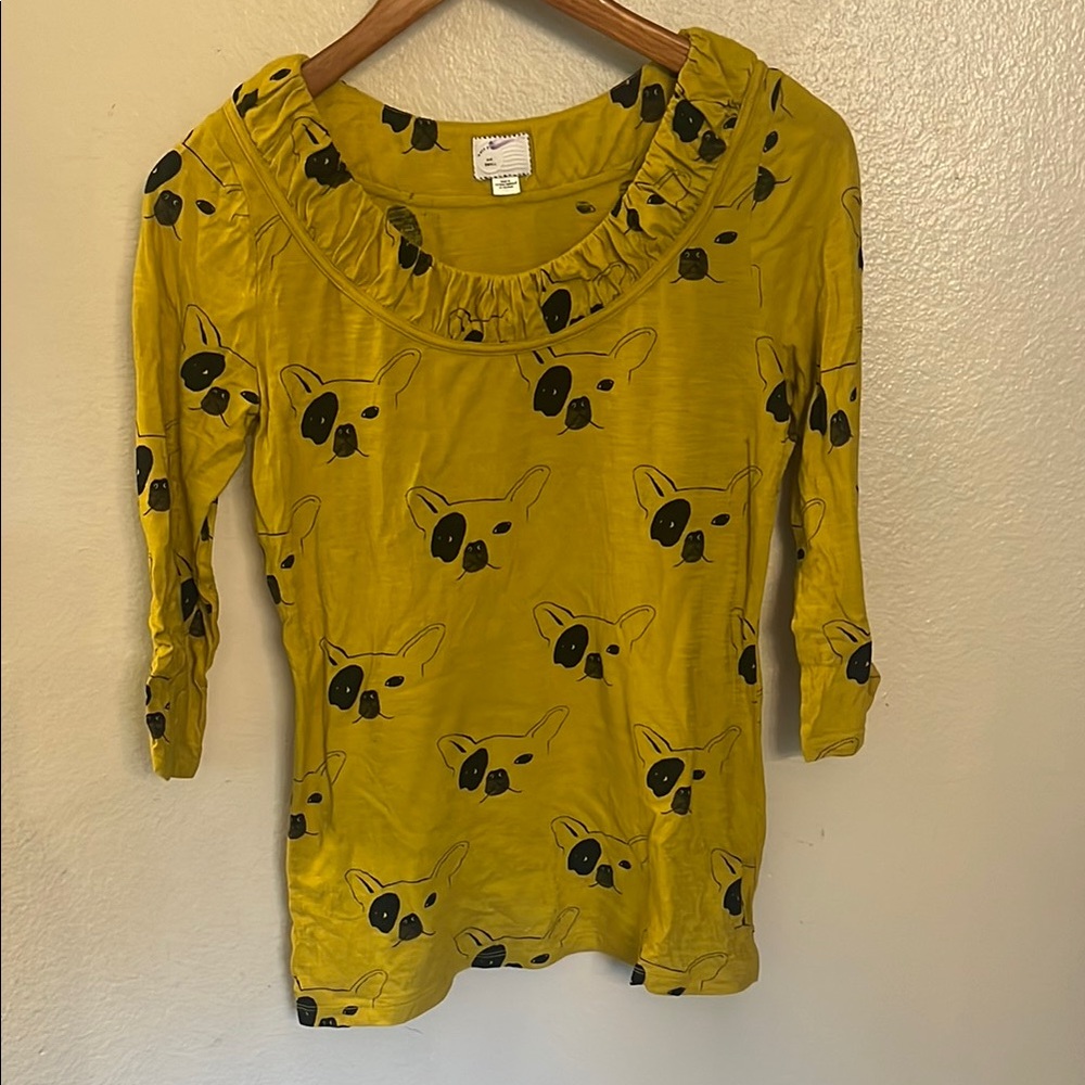 Anthropologie Yellow Blouse with French Bull Dog Print S